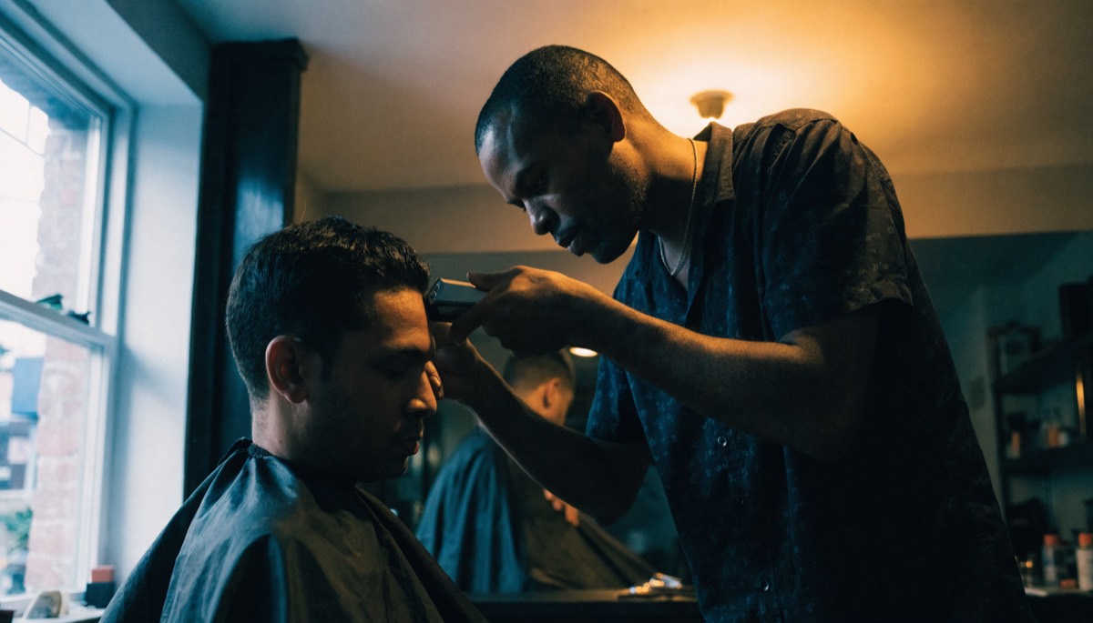 A barber mid-cut at the chair
