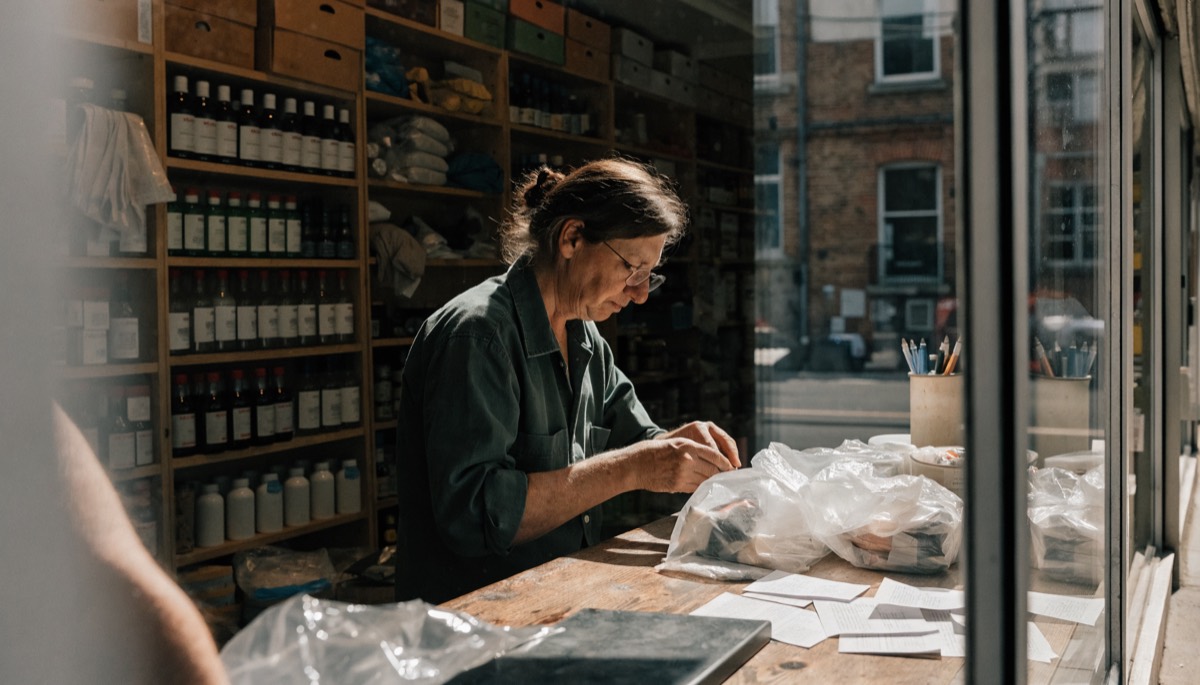 A shopkeeper working behind the counter