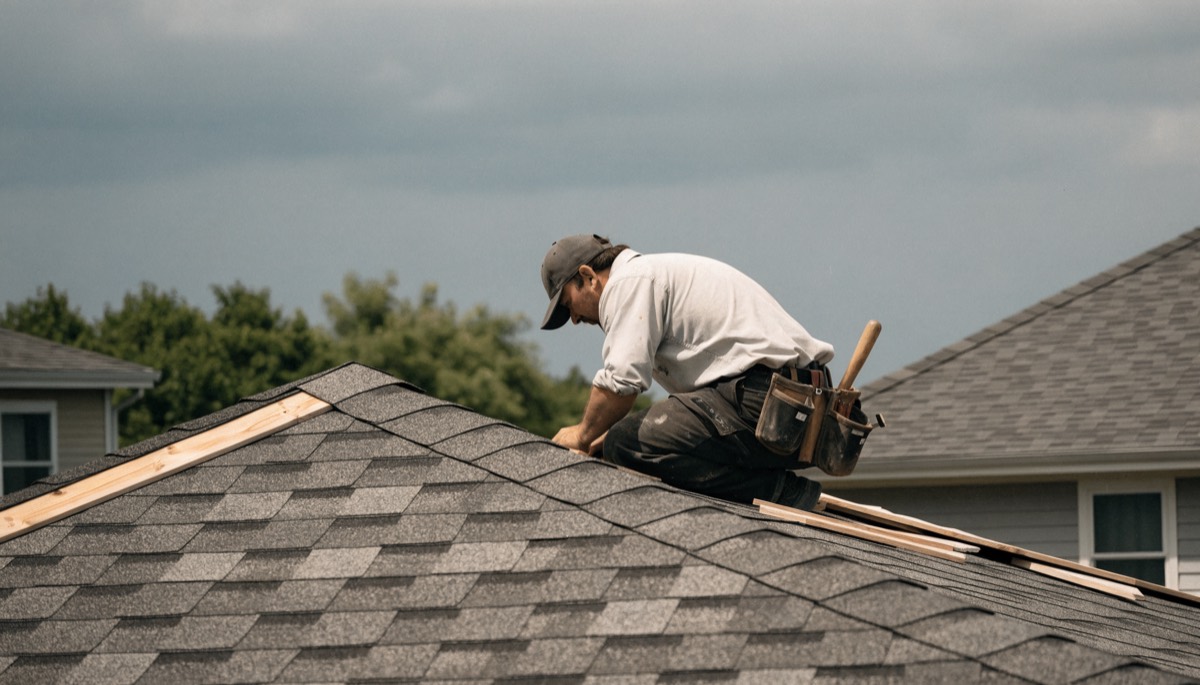A roofer at work on a residential roof